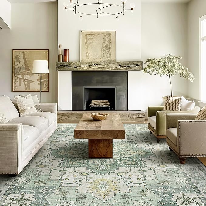 GENIMO 7'6''x9'6'' Area Rugs for Living Room, Machine Washable Non Slip Vintage Rugs, Low Pile Lightweight Chenille Print Rug for Bedroom, Dining Room, Home Office, Green