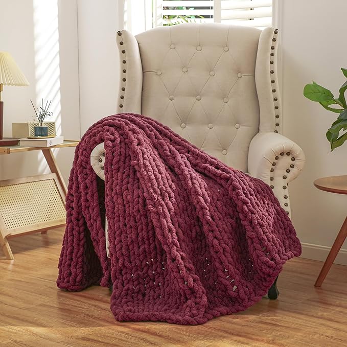 WESHIONGOO Chunky Knit Blanket Throw 50"×60" Knitted Throw Blankets for Couch Bed Fluffy Soft Blanket with Jumbo Chenille Yarn Thick 100% Handmade(Burgundy Red)