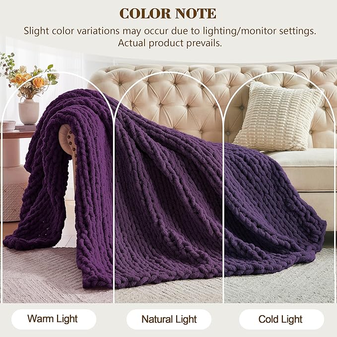 Carriediosa Chunky Knit Throw Blanket 50" X 60", 100% Hand Made Large Chenille Loop Yarn Soft Fluffy Throws for Couch Sofa Bed, Big Crochet Cozy Heavy Thick Cable Woven Blanket, Dark Purple