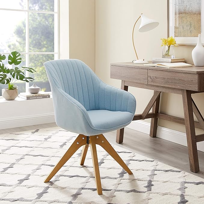 Art Leon Mid Century Modern Desk Chair No Wheels, Swivel Accent Chair with Solid Wood Legs, Office Chair Without Wheels, Upholstered Arm Chair for Small Spaces Living Room Bedroom, Candy Blue
