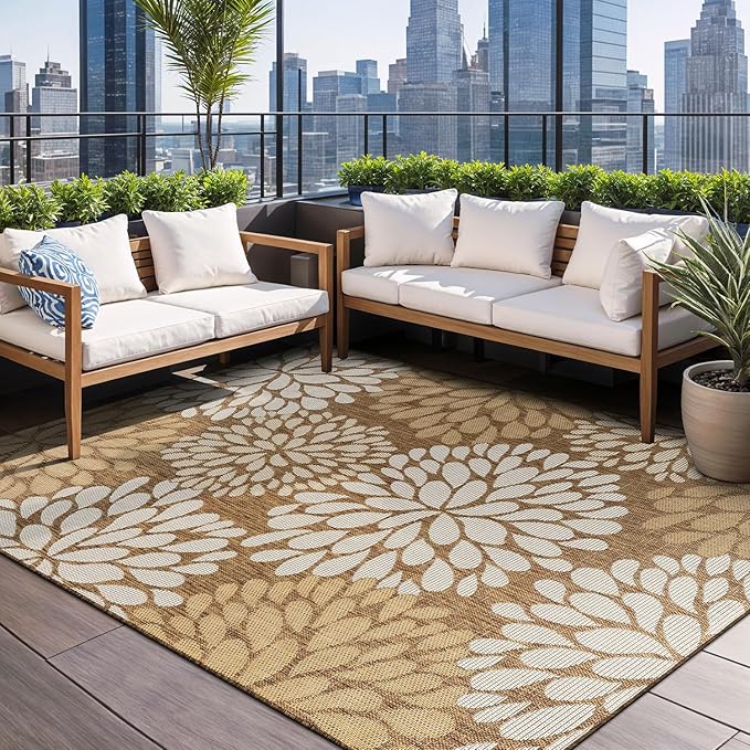 Beverly Rug Outdoor Rug 8x10 Modern Exotic Tropical Leaf Area Rugs for Indoor and Outdoor Patio Deck Porch Garden Water Resistant Washable Outside Carpet (8 x 10 Wooden)