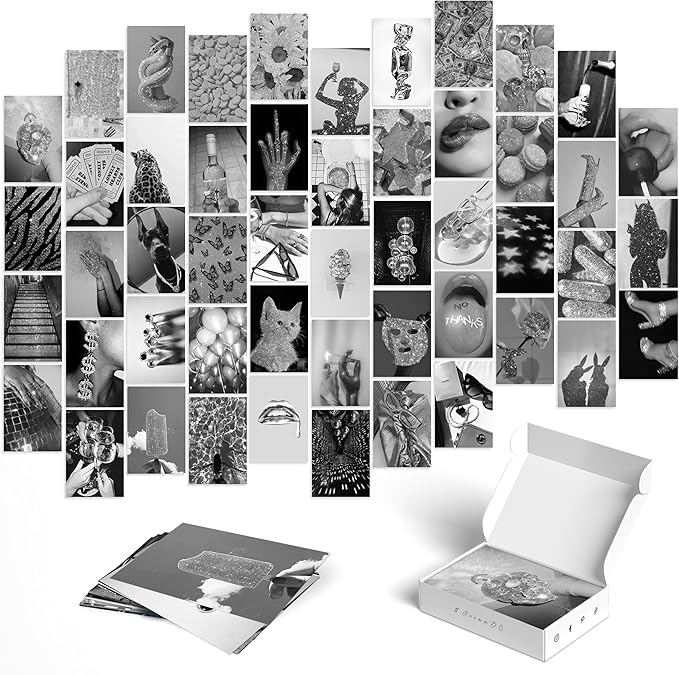 Y2K BOO Modern & Classic Black & White Aesthetic Wall Collage Kit – 50 Glamorous Party Photos, 4"x6" for Teen Girls Dorm Room Decor, Bold & Sparkling Moments, Ideal Gift for Birthday & Graduation
