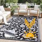 OLANLY Waterproof Outdoor Rug 6x9 ft, Outdoor Plastic Straw Rug with Flower Pattern, Reversible RV Mat for Patio, Camping, Balcony, Deck, Backyard, Black & White