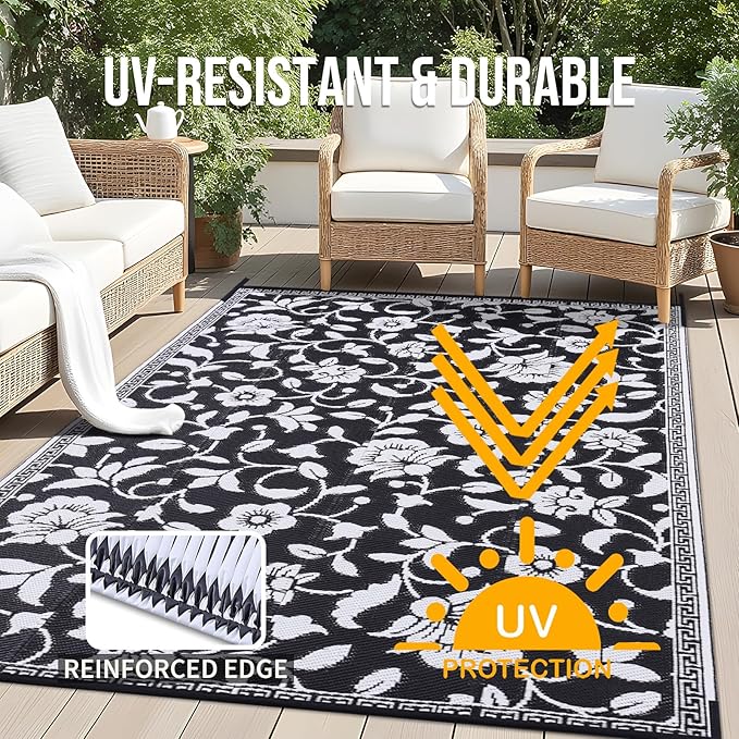 OLANLY Waterproof Outdoor Rug 6x9 ft, Outdoor Plastic Straw Rug with Flower Pattern, Reversible RV Mat for Patio, Camping, Balcony, Deck, Backyard, Black & White