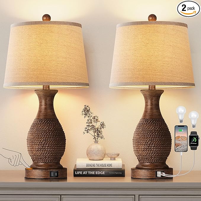 PARTPHONER Table Lamps Set of 2, Bedside Touch Lamp with USB C+A Charging Ports, Side Table Lamp with Linen Fabric Shade (LED Bulbs Included), Wood