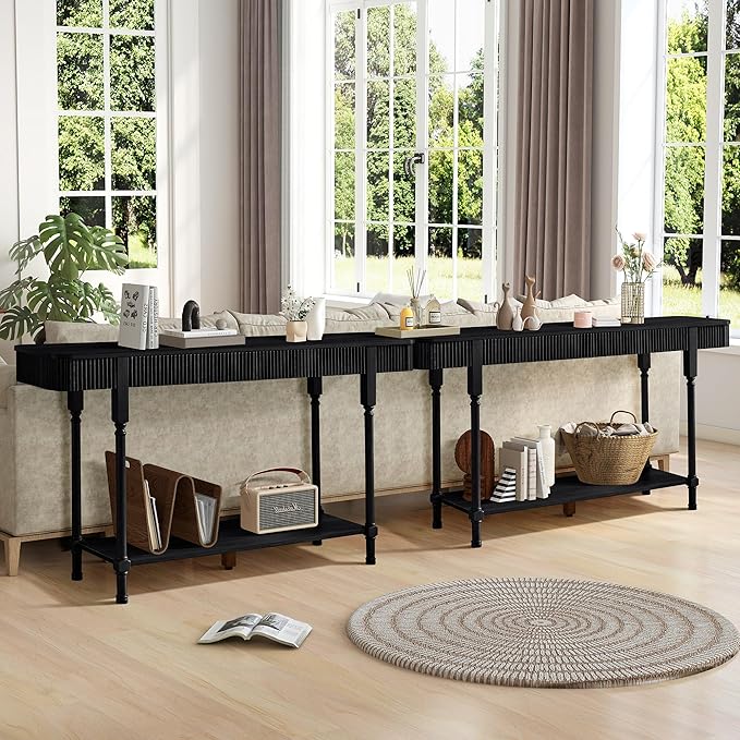 63”Console Table with 2 Drawers, Retro Entryway Table with Fluted Panel & Storage Shelf, Narrow Long Behind Couch Tables Accent Sofa Table with Solid Wood Legs for Living Room Foyer Hallway(Black)