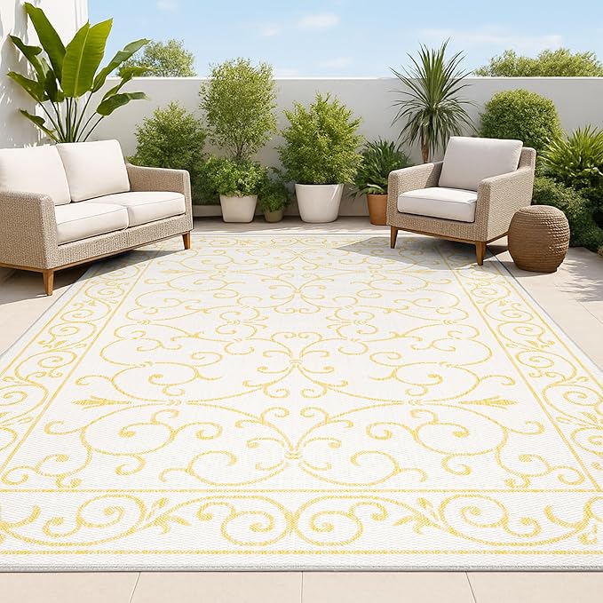 JONATHAN Y Vintage Filigree Indoor Outdoor Area Rug 3X5 Cream/Yellow, Charleston Textured Weave for Backyard, Patio, Porch, Easy-Cleaning, High Traffic, Pet-Friendly, Non-Shedding (SMB106M-3)
