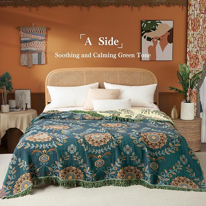 Boho Throw Blanket Twin Size, Soft Cozy Cotton Muslin Quilt Blanket for Bed Decor, Floral Patterned Couch Sofa Chair Cover, Vintage Farmhouse Cottage Tapestry Woven Blanket, Green&Beige