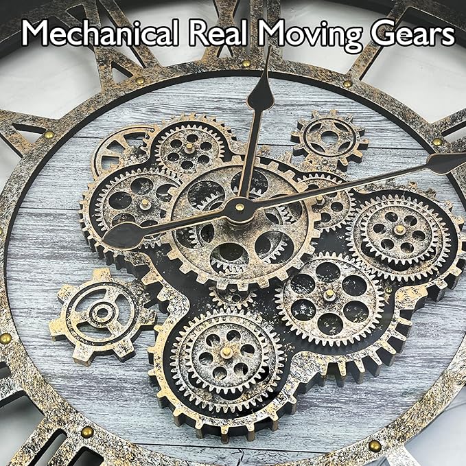 DORBOKER 27" Original Moving Gears Wall Clock, Large Industrial Wall Clock for Living Room Decor, Retro Metal Solid Wood Vintage Farmhouse Steampunk Rustic Clocks for Wall Decor,Silver Grey