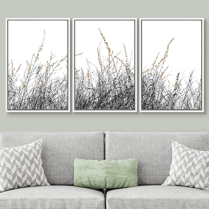 SIGNWIN 3 Piece Framed Canvas Wall Art Wild Grass Field Nature Wilderness Photography Abstract Contemporary Landscape Canvas Prints Home Artwork Decoration for Living Room,Bedroom - 24"x36"x3 White