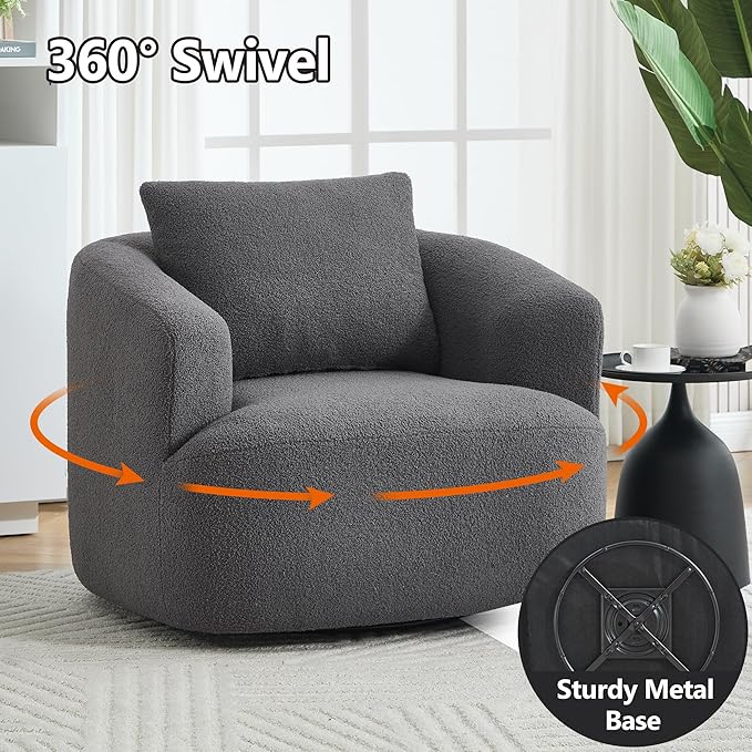 Swivel Accent Chair,360° Rotating Barrel Chair,Teddy Fleece High-Resilience Sponge Single Sofa, Easy Assembly for Living Room, Bedroom, Apartment Dark Grey