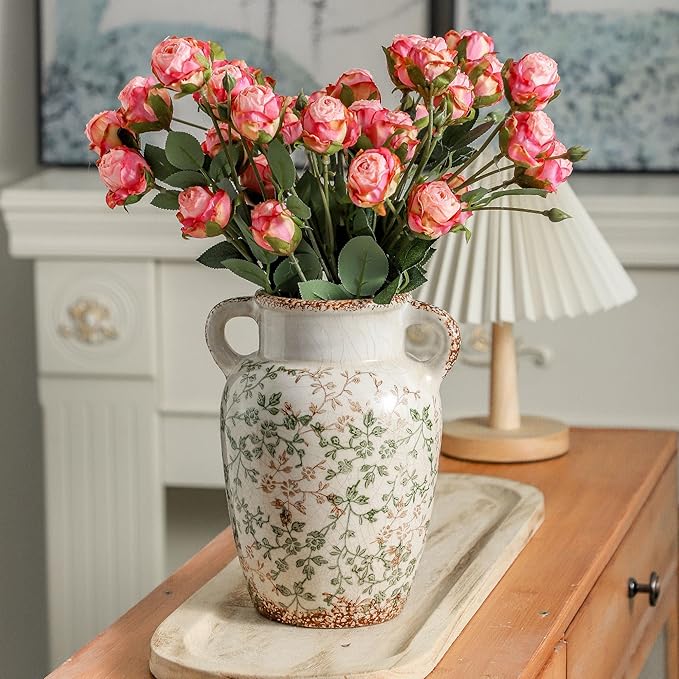 Enra Farmhouse Vintage vase with Handle,9.4 in Ceramic Chinoiserie Floral Vase,Green and Beige Decorative Flower vase,Large Rustic Vases for Home Decors, Living Room, Bookshelf, Office