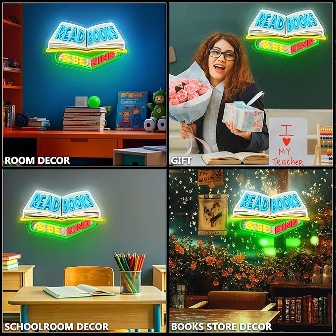 SELICOR Read Books & Be Kind Neon Signs for Wall Decor-Teacher Appreciation Gift,Adjustable LED Book Neon Light Up Sign for Reading Room Study Room Classroom Bookstore Library Museum Cafe Bedroom
