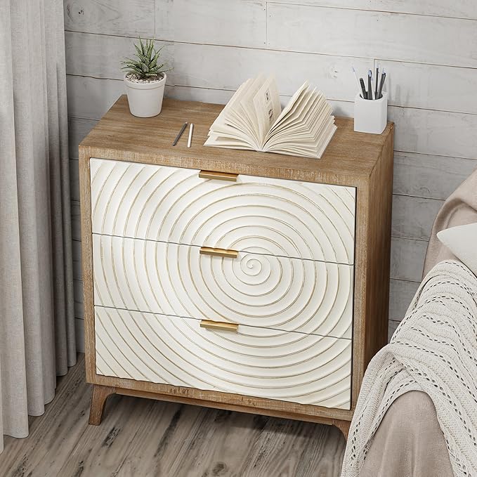 LONYKE Farmhouse 3 Drawer Dresser X 2P, White Nightstand with Handcrafted Wood Ring Motif for Bedroom, Rustic & Natural, Fully Assembled, Boho