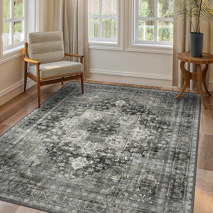 GENIMO 9x12 Area Rugs for Living Room, Machine Washable Non Slip Vintage Rugs, Low Pile Lightweight Chenille Print Rug for Bedroom, Dining Room, Home Office,Charcoal Gray