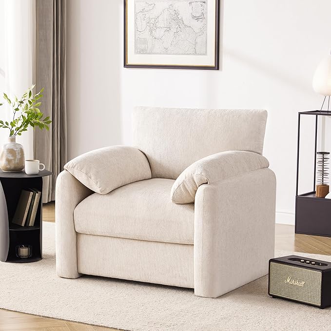 Chenille Oversized Armchair, 38.6" Wide Accent Chairs for Living Room & Bedroom Modern Lounge Chair, Upholstered Mid-Century Reading Chair, Comfy Living Room Chair, Single Sofa Chair, Beige