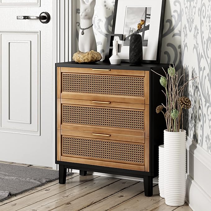 COZAYH Farmhouse 3-Drawer Nightstand, Set of 2 Woven Cane Front Accent Dresser with Brass Pull, Fully-Assembled, Black