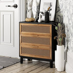 COZAYH Farmhouse 3-Drawer Nightstand, Set of 2 Woven Cane Front Accent Dresser with Brass Pull, Fully-Assembled, Black