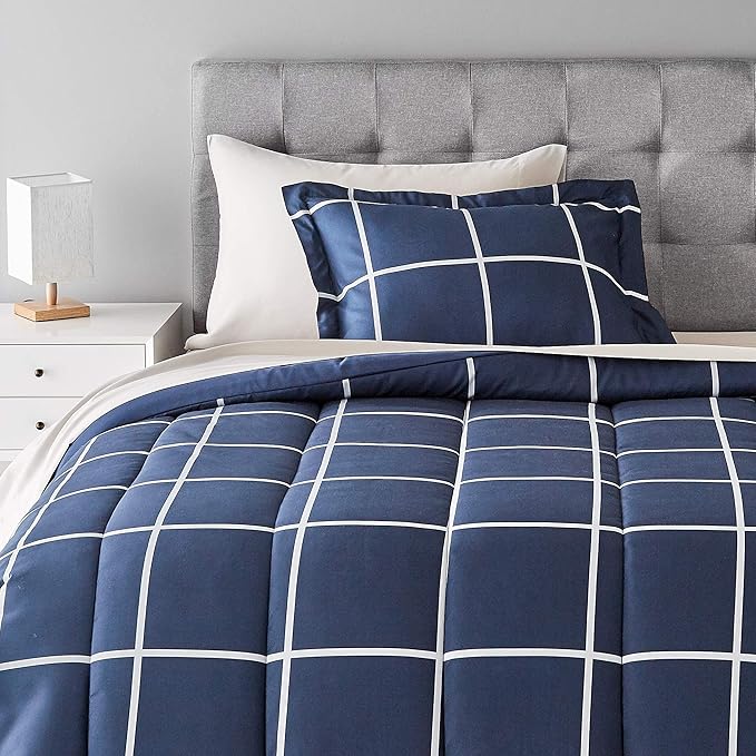 Amazon Basics Twin/Twin XL Comforter Set with Sheets, 5-Piece Navy with Grey Plaid Bedding, Lightweight Microfiber Bed-in-a-Bag