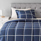 Amazon Basics Twin/Twin XL Comforter Set with Sheets, 5-Piece Navy with Grey Plaid Bedding, Lightweight Microfiber Bed-in-a-Bag