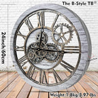 The B-Style Large Wall Clock 24 inch Moving Gear Wall Clock Oversized Vintage Farmhouse Wall Clocks for Living Room Decor Rustic Industrial Wood Clock (Silver Gray and Bronze)