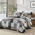 Y-PLWOMEN Quilts Queen Size - 3 Piece Cotton Quilt Set, Lightweight Bedspreads, Farmhouse Plaid, Reversible, All Season, Grey, Black, Brown, White
