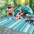 Outdoor Plastic Straw Rug 9x18 Waterproof Outside Rug, Large Modern Striped Reversible Floor Mats, Foldable & Lightweight Camping Carpet for Patio, Porch, Deck, Backyard, Balcony, Light Blue