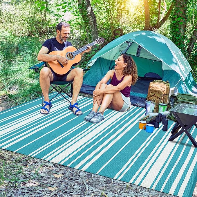 Outdoor Plastic Straw Rug 9x18 Waterproof Outside Rug, Large Modern Striped Reversible Floor Mats, Foldable & Lightweight Camping Carpet for Patio, Porch, Deck, Backyard, Balcony, Light Blue