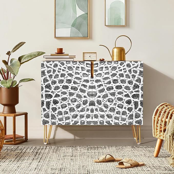 SIGNWIN Sideboard Buffet Cabinet, Kitchen Storage Cabinet with 2 Doors, Black & White Polygon Patterns, Cupboard Console Table for Dining Room - 35" L x 18" W x 29" H