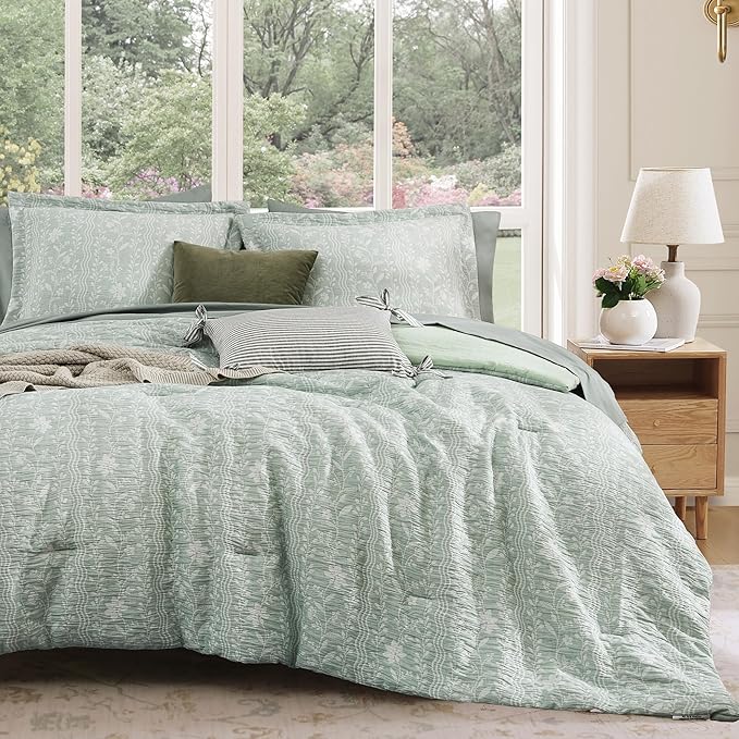 Full Comforter Set -7 Pieces Green Floral Comforter Set for All Seasons, Bed in a Bag Full with Botanical Flowers Comforter, Sheets, Pillowcases & Shams