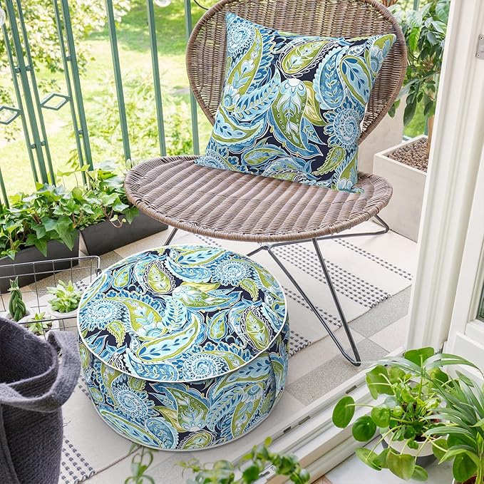 Inflatable Ottoman Stool D21 xH9 for Outdoor/Indoor Use, Water Repellent Patio Foot Rest with Portable Handle,Round Pouf Ottoman Suitable for Garden,Deck and Camping - Paisley Lapis Green