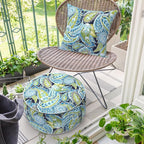 Inflatable Ottoman Stool D21 xH9 for Outdoor/Indoor Use, Water Repellent Patio Foot Rest with Portable Handle,Round Pouf Ottoman Suitable for Garden,Deck and Camping - Paisley Lapis Green