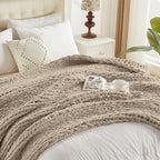 Carriediosa Chunky Knit Throw Blanket 60" X 80" Twin, 100% Hand Made Large Chenille Loop Yarn Soft Fluffy Throws for Couch Sofa Bed, Big Crochet Cozy Heavy Thick Cable Woven Blankets, Taupe