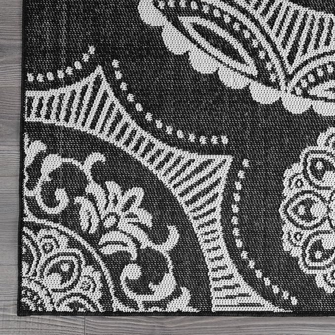 Medallion Outdoor Rug 10x14 Washable Outside Carpet for Indoor Patio Porch Waterproof Easy Cleaning Non Shedding Area Rugs Black 10 x 14