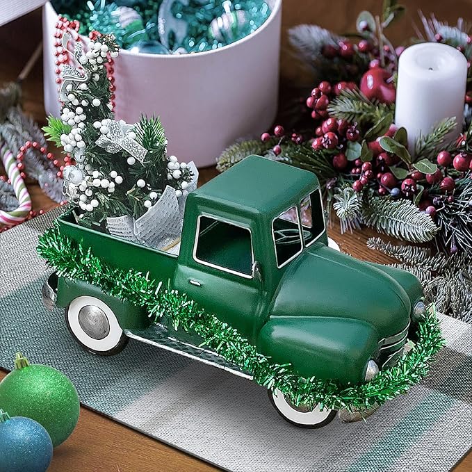 Farmhouse Green Truck Decor, Metal Pickup Truck Planter, Truck Decor, Vintage Truck Decor Desktop Storage Decor Model for Home Indoor and Outdoor Table Center Decor