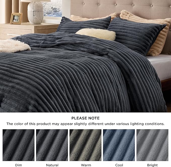 Bedsure Fluffy Duvet Cover Set - Ultra Soft Plush Shaggy Comforter Cover King Size, Warm Flannel Fleece Bed Sets for Winter, 3 Pieces (Striped Pattern, Dark Grey)