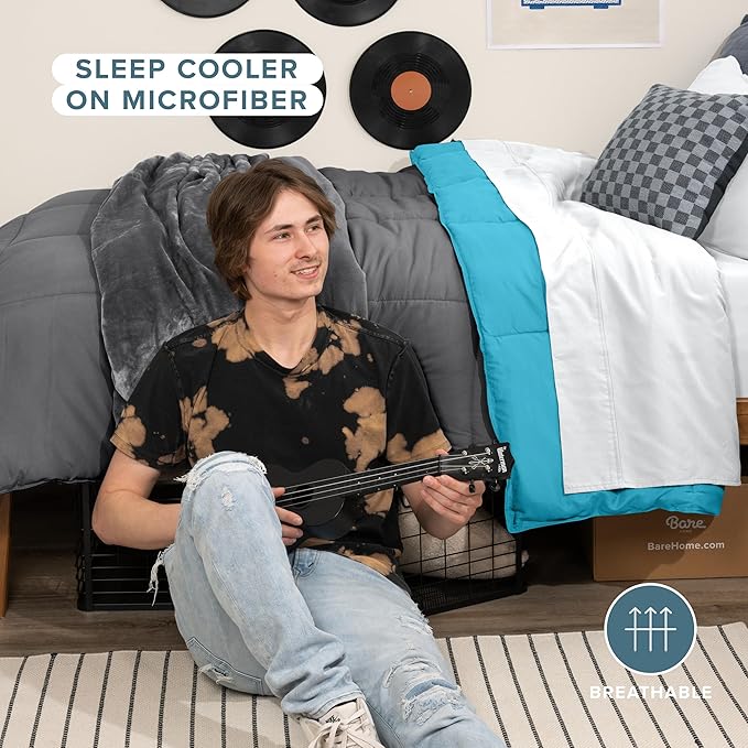 Bare Home Twin/Twin Extra Long Comforter - Reversible Colors - Goose Down Alternative - Ultra-Soft - Premium 1800 Series - All Season Warmth - Bedding Comforter (Twin/Twin XL, Grey/Aqua)