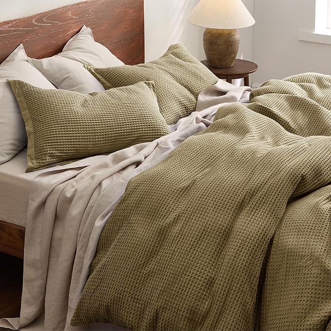 Bedsure Cotton Duvet Cover King - 100% Cotton Waffle Weave Fennel Seed Duvet Cover King Size, GentleSoft™ and Breathable Bedding Set for All Season, 3 Pieces, 104"x90"