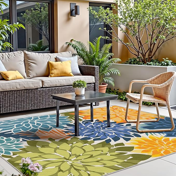 Indoor Outdoor Area Rug Washable Multicolored Patio Rug Tropical Botanical Modern Floral Indoor Outdoor Carpet Non Slip Yellow Green Rug Non Shedding for Patio, Deck, Backyard, Porch (6x9)
