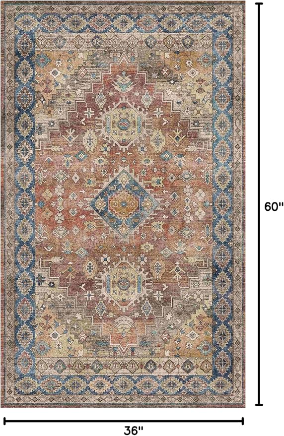 GENIMO 3x5 Area Rugs for Living Room, Machine Washable Non Slip Vintage Rugs, Low Pile Lightweight Chenille Print Rug for Bedroom, Dining Room, Home Office, Antique Red