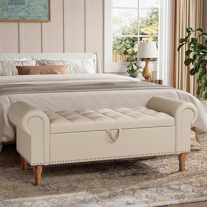 Storage Ottoman Bench for Bedroom, 51" Upholstered Bench with Rolled Arms and Vintage Rivets for Living Room, Full & Queen Leather Storage Bench with Button for Entryway, Beige+Nature Legs