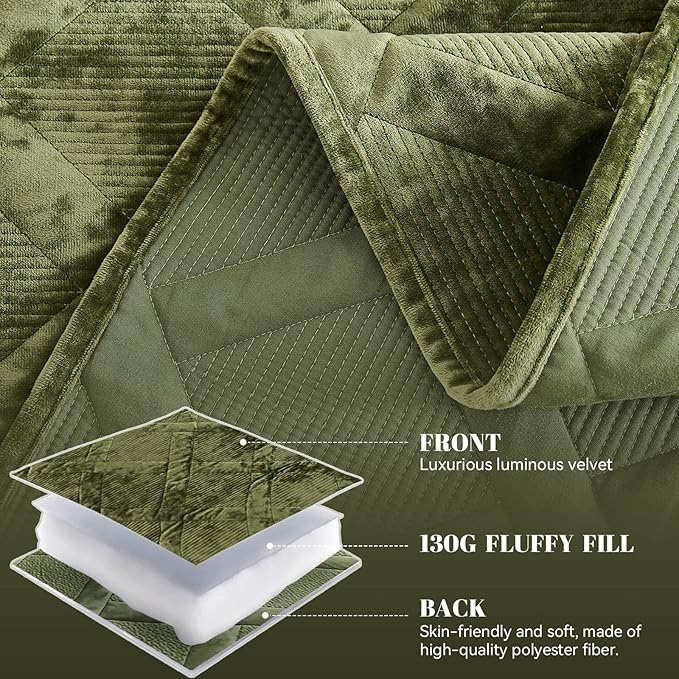 Qucover Olive Green Oversized Queen Velvet Quilt and Sham Set, Luxury Velvet Quilt Queen Bedspread Coverlet, Ultra Soft Winter Comforter Bedding Set for All Seasons