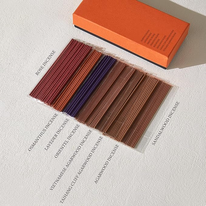 Incense Sticks – 120 Natural Sticks, 8 scents Including Lavender, Osmanthus, Rose, Agarwood, Sandalwood & Oriental. 15 Sticks per Scent. Stress Relief Gifts