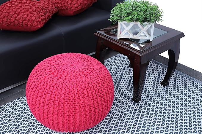 FRELISH DECOR Round Pouf Ottoman Hand Knitted 100% Cotton Pouf Foot Stool - Knitted Bean Bag - Floor Chair for Living Room - Bedroom Foot Rest for Couch (20 Diameter x 14 Height) - Dark Pink