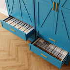 71'' Farmhouse Metal Wardrobe Cabinet with Hanging Rod, 2 Barn Door Wardrobe Closet with Adjustable Shelves,2 Drawer,for Dining Room,Bedroom,Living Room, Cloak Room,Office (Peacock Blue)