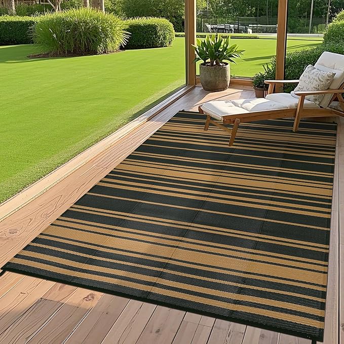 Outdoor Patio Rug 9x12 Stain-Resistant Reversible Camping Mat, Modern Striped Outdoor Plastic Straw Rug, Waterproof Outside Carpet, Easy to Clean for RV, Porch, Deck, Balcony, Black Brown
