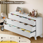 57" Long Dresser for Bedroom, 7-Drawer Fluted Chest, Wide Wood Storage Dresser with Metal Slides and Handles, Stable Base, Modern Clothes Organizer for Primary Suite, Guest Room, Nursery