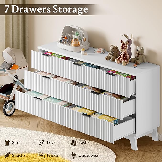 57" Long Dresser for Bedroom, 7-Drawer Fluted Chest, Wide Wood Storage Dresser with Metal Slides and Handles, Stable Base, Modern Clothes Organizer for Primary Suite, Guest Room, Nursery