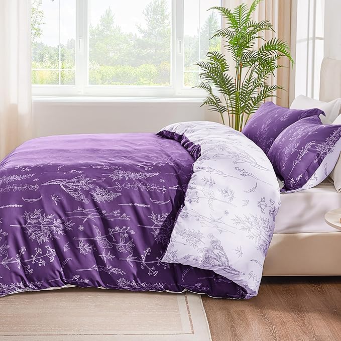 Love's cabin Dark Purple Comforter Set King - King Size Comforter Set, 3 Pieces Cute Floral Bedding Sets for All Seasons,1 Soft Reversible Botanical Flowers Comforter and 2 Pillow Shams
