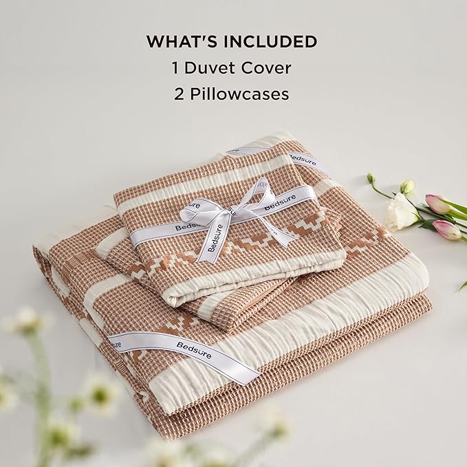 Bedsure Waffle Weave Duvet Cover King - 100% Cotton Boho Duvet Cover Set with 2 Pillowcases - Extra Soft Terracotta Textured Comforter Cover with Zipper Closure (King, 104"x90")